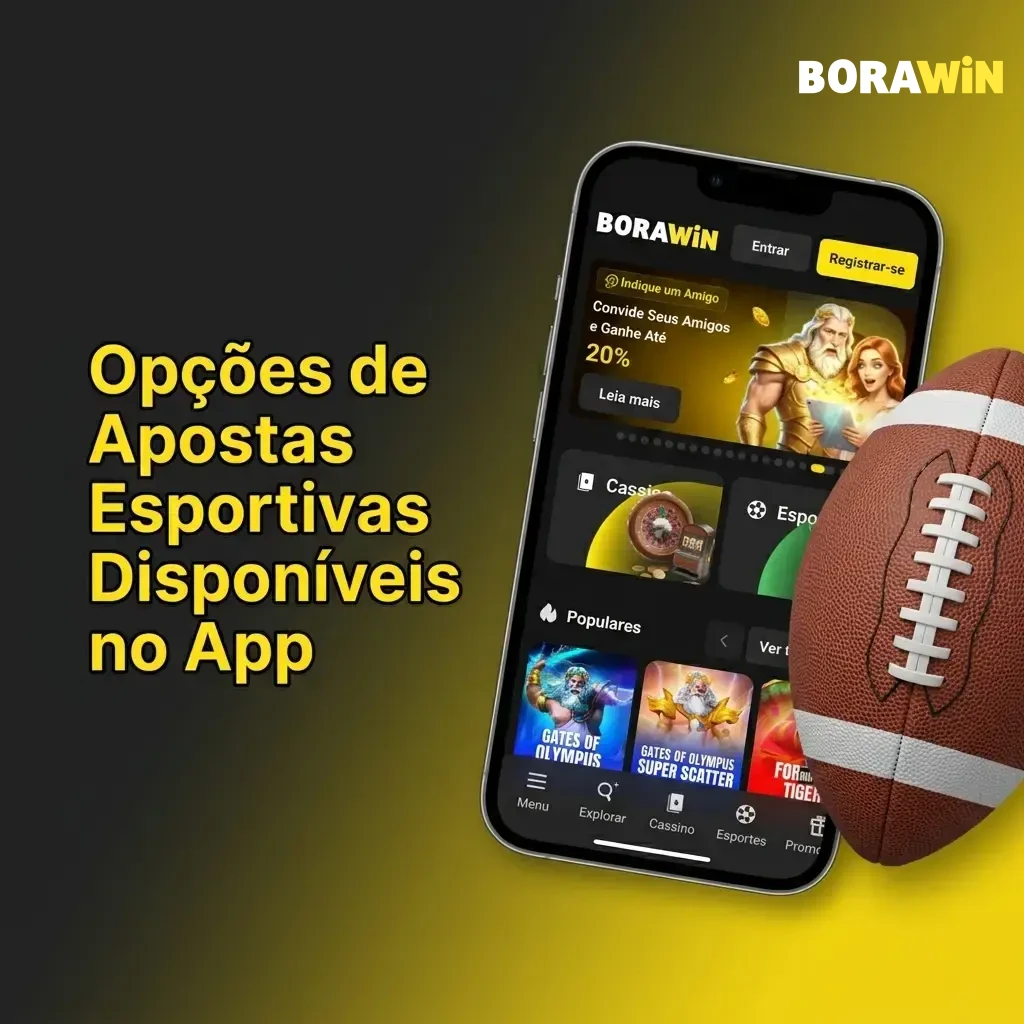 Opções de apostas esportivas no app BoraWin: futebol, basquete, tênis, MMA, F1 e mais.