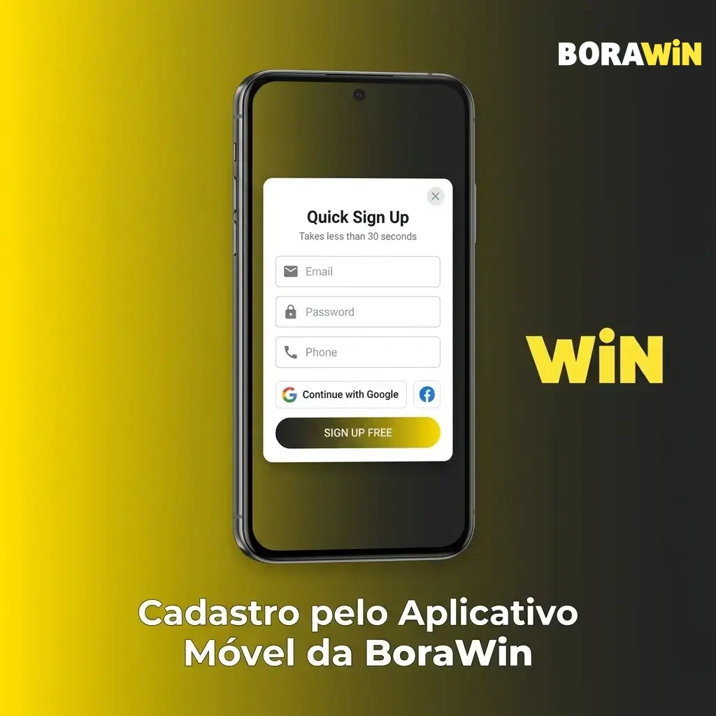 Cadastro no aplicativo móvel da BoraWin para Android e iOS com opções de registro por telefone, e-mail ou rede social.