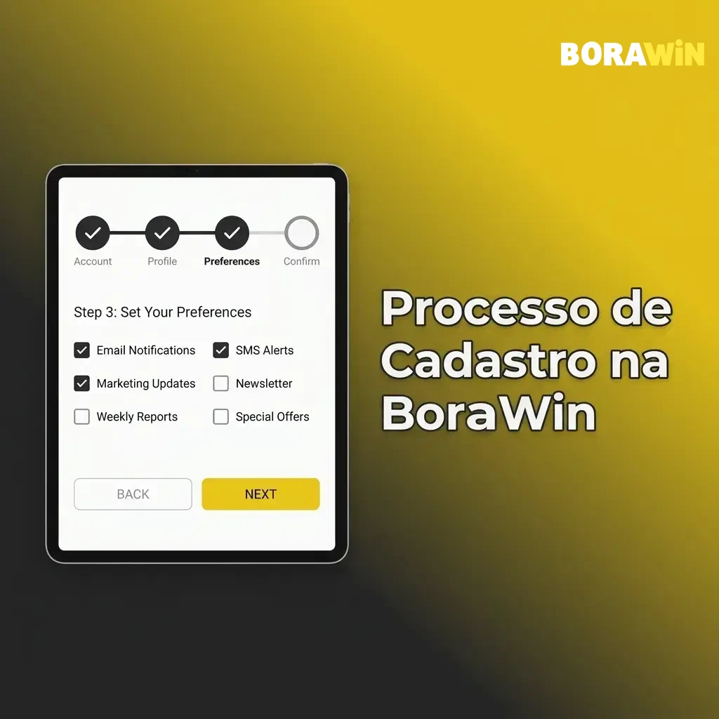 Passo a passo do cadastro na BoraWin: registro e verificação de e-mail com promoções.