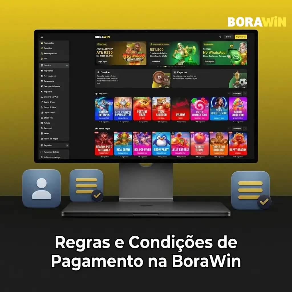 Regras e condições de pagamento na BoraWin: depósitos, saques, verificação e limites por transação.