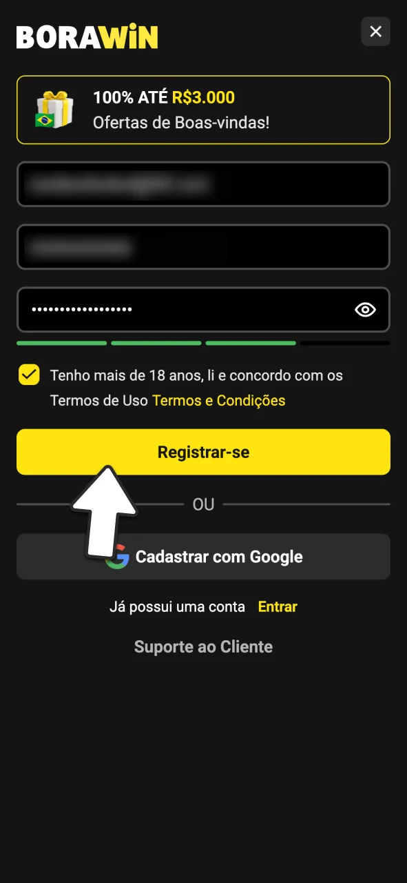 Crie sua conta no BoraWin e preencha seus dados.