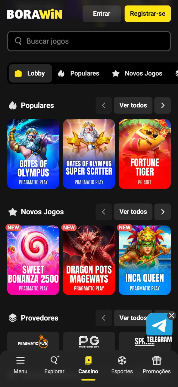 Veja a seleção de jogos de cassino no app BoraWin.