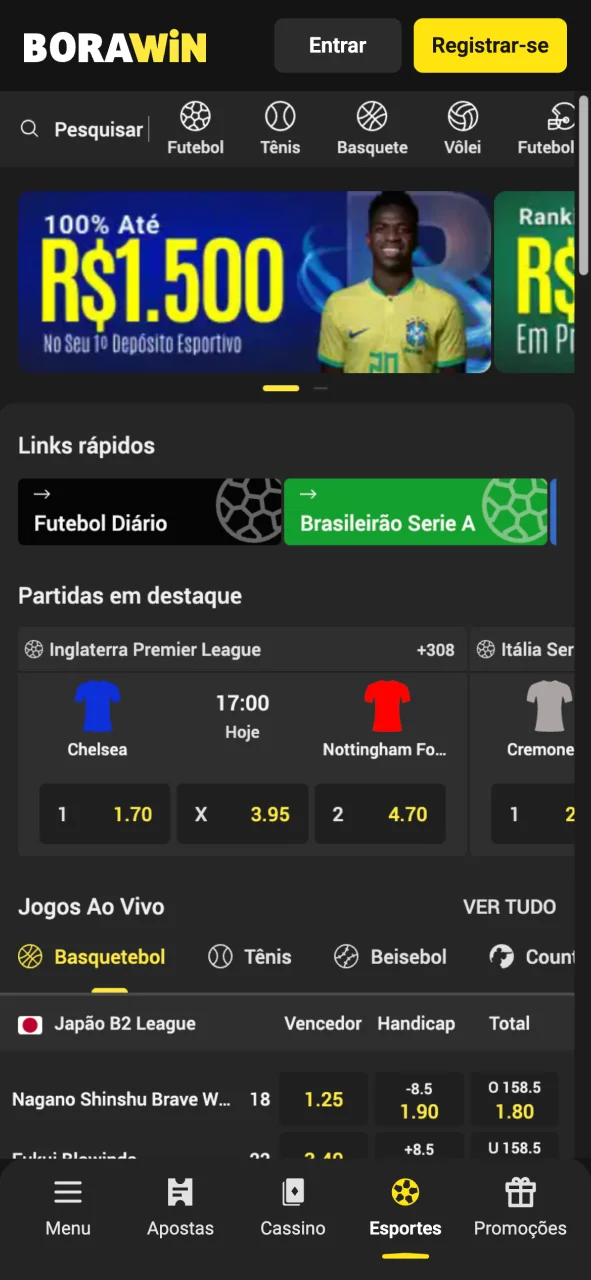 Veja as opções de apostas esportivas no app BoraWin.