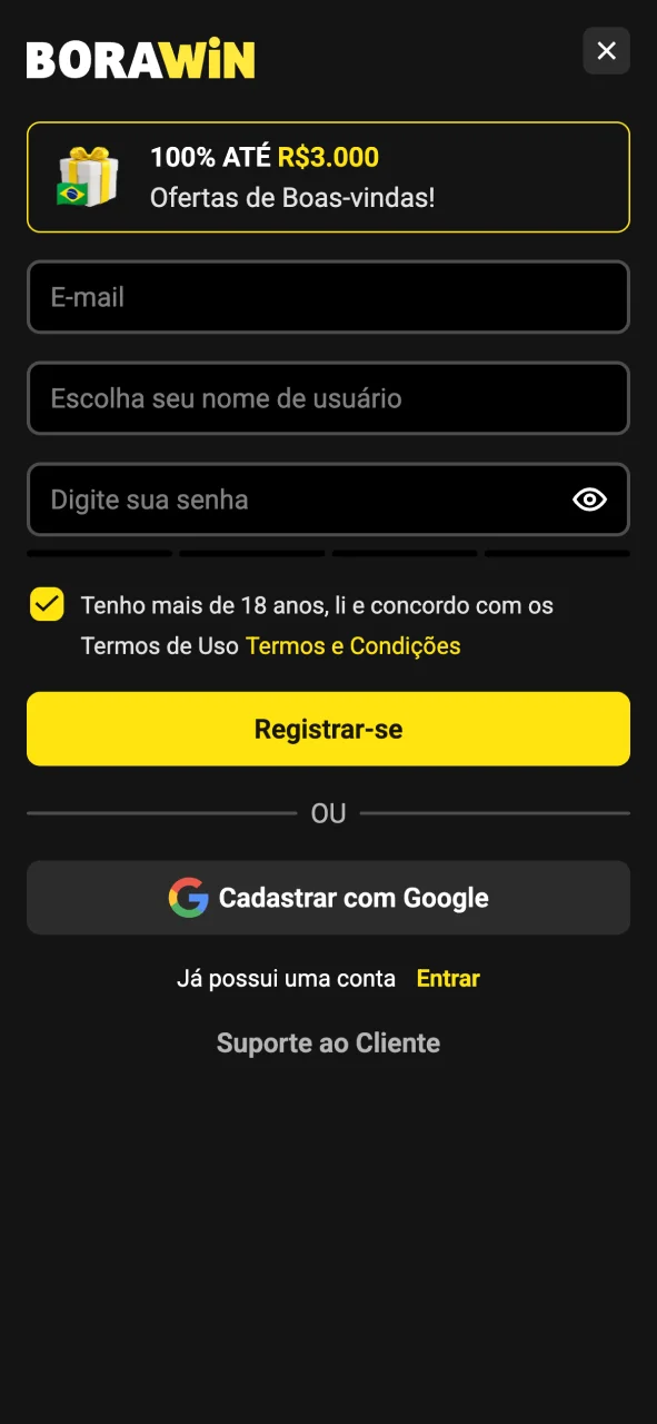 Crie sua conta pelo aplicativo BoraWin agora.