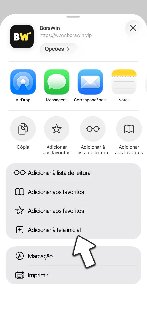 Toque em adicionar à tela de início para o BoraWin.