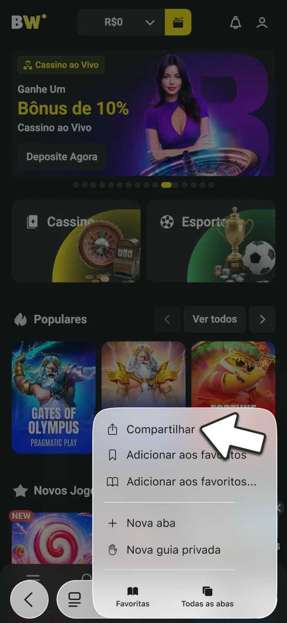 Toque no ícone de compartilhar para usar o BoraWin.