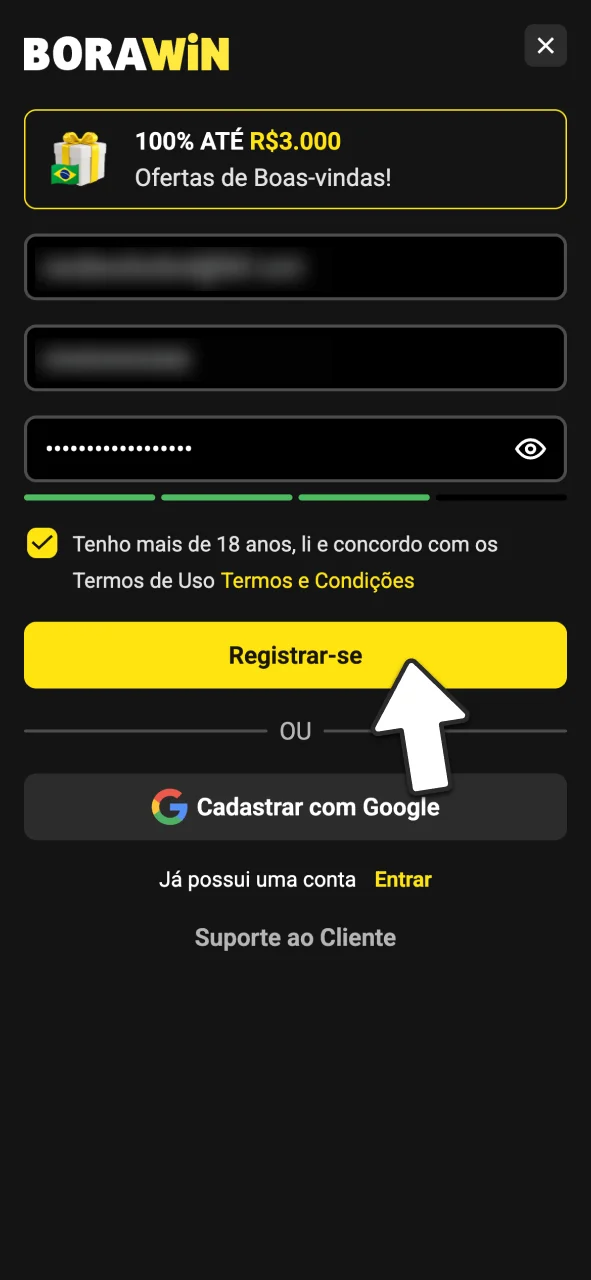 Preencha seus dados e crie sua conta no BoraWin.