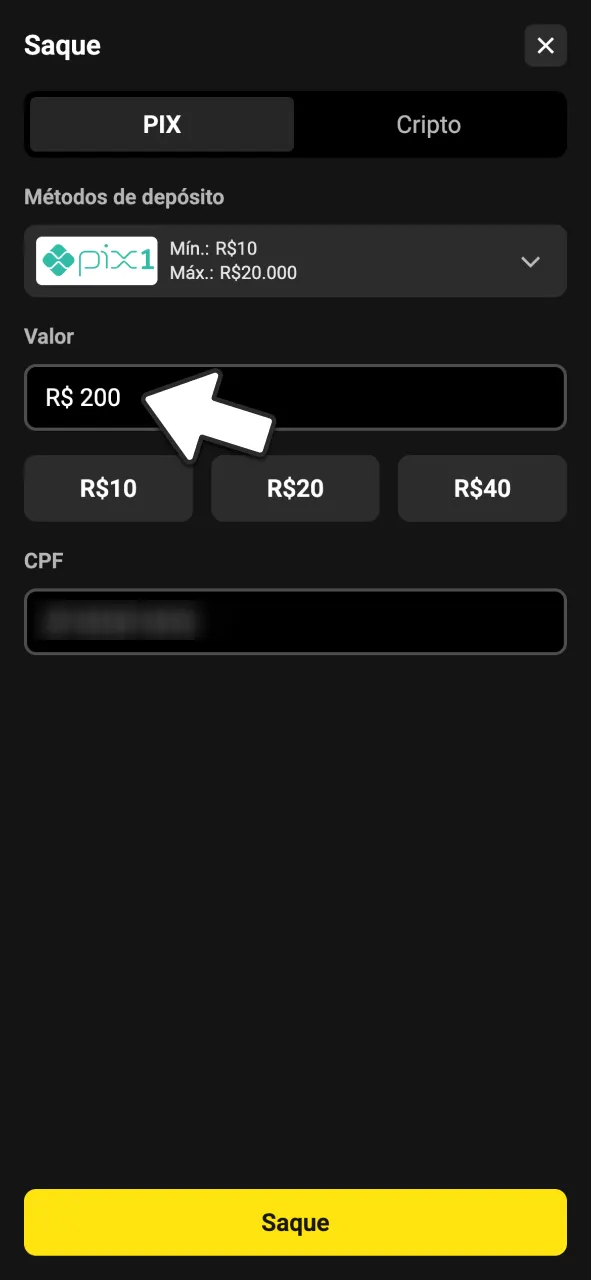 Digite o valor do seu saque respeitando os limites do BoraWin.