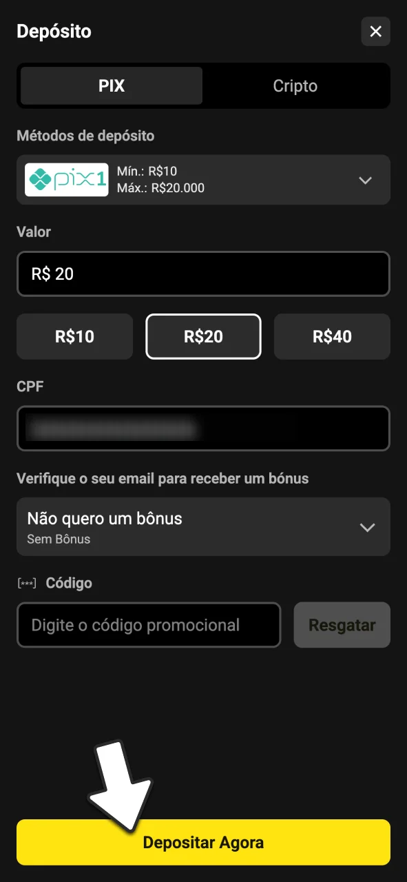 Faça seu primeiro depósito no BoraWin via Pix agora.