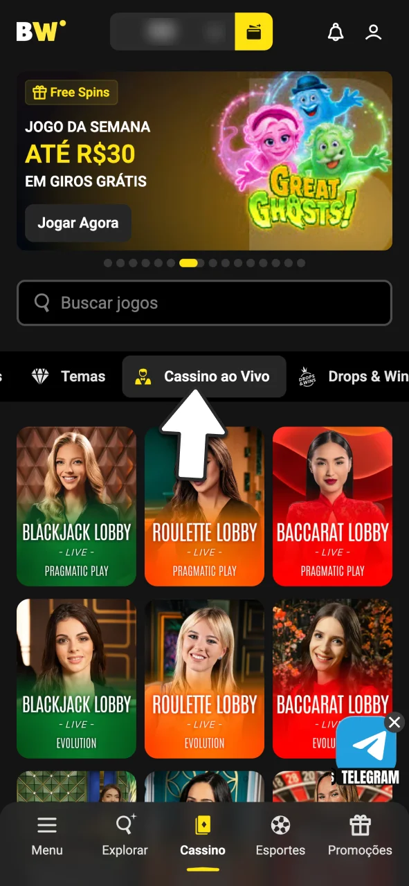 Selecione a categoria Cassino ao Vivo no menu BoraWin.
