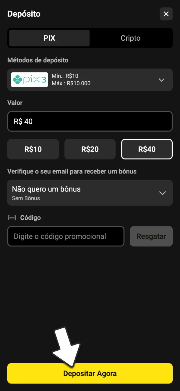 Acesse a área de pagamentos e coloque saldo no BoraWin.
