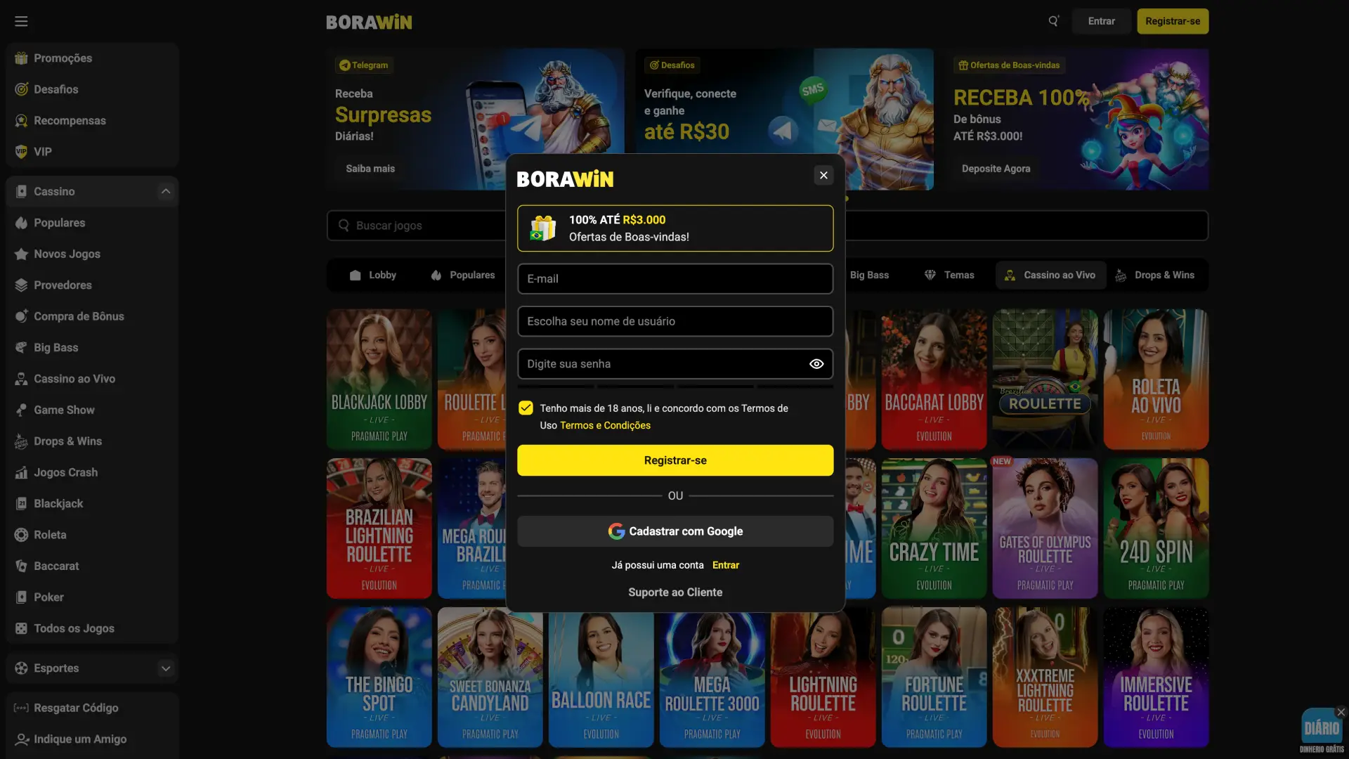 Crie sua conta segura acessando o portal do BoraWin.