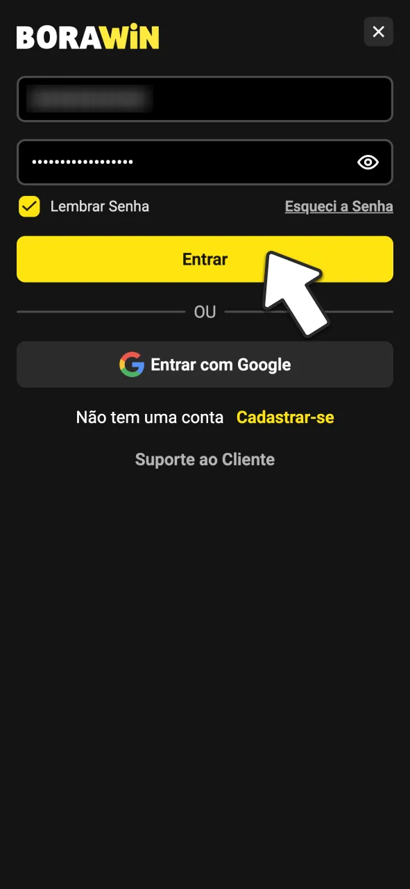 Faça login na sua conta BoraWin com e-mail e senha.