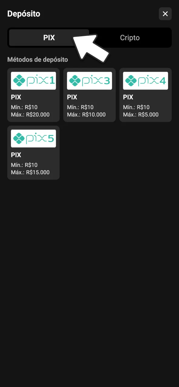 Selecione Pix ou criptomoedas como método no BoraWin.