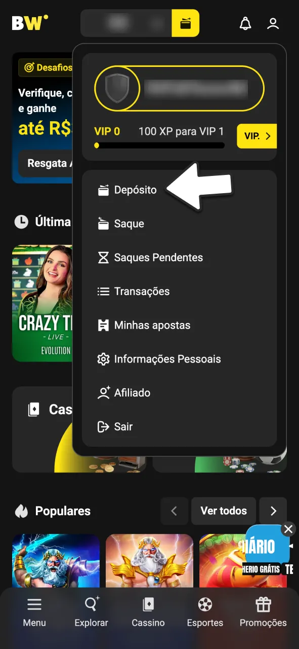 Clique no botão de depósito no menu superior do BoraWin.