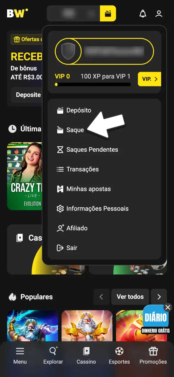 Clique em saque no painel da sua conta BoraWin.