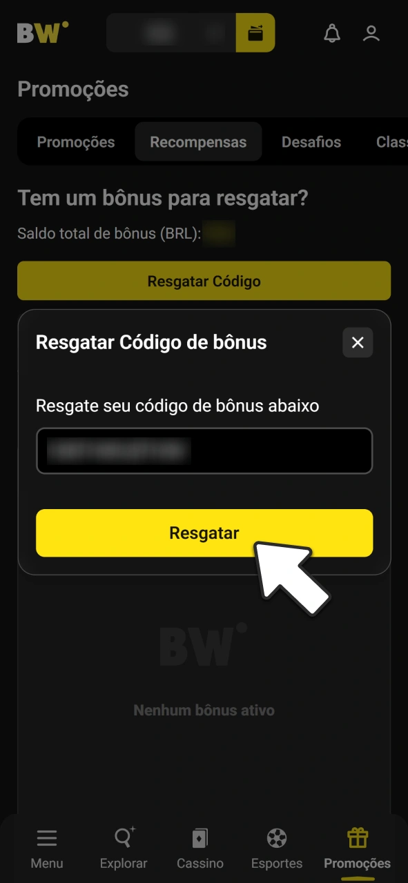 Aprenda onde inserir seu código promocional para ganhar prêmios extras na BoraWin.
